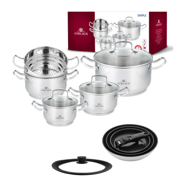 GERLACH SENDO Komplet garnki z pokrywkami 11 el + Patelnia Smart Steel 20, 24, 28 cm + Pokrywka 24/26/28 cm