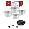 GERLACH BRAVA Komplet Garnki z pokrywkami 8 el / Stal nierdzewna / INDUKCJA + Patelnie Smart Steel 20, 24, 28 cm + pokrywka silikonowa 24/26/28 cm