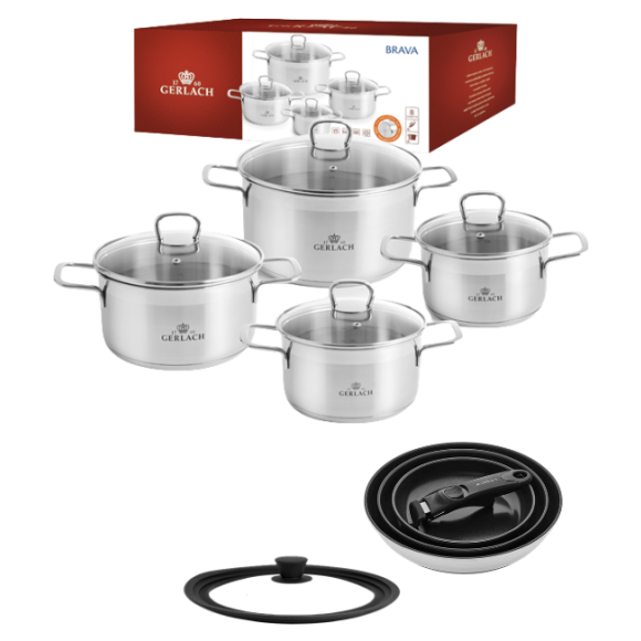 GERLACH BRAVA Komplet Garnki z pokrywkami 8 el / Stal nierdzewna / INDUKCJA + Patelnie Smart Steel 20, 24, 28 cm + pokrywka silikonowa 24/26/28 cm