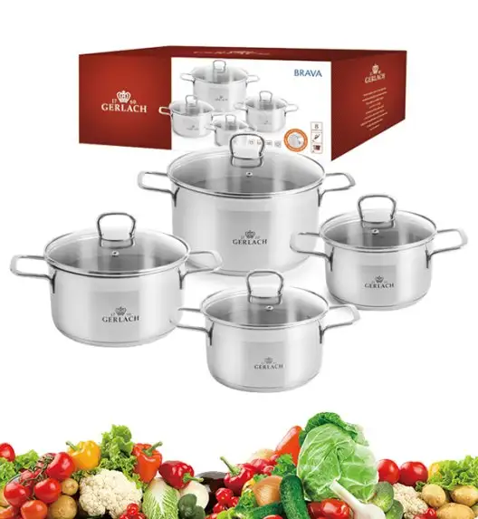 GERLACH BRAVA Komplet Garnki z pokrywkami 8 el / Stal nierdzewna / INDUKCJA + Patelnie Smart Steel 20, 24, 28 cm + pokrywka silikonowa 24/26/28 cm