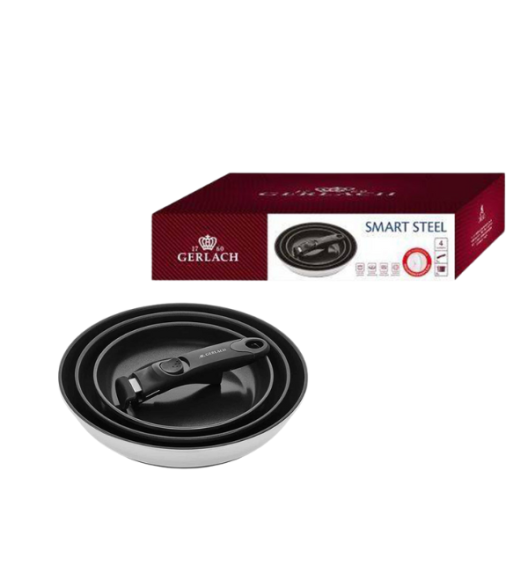 GERLACH BRAVA Komplet Garnki z pokrywkami 8 el / Stal nierdzewna / INDUKCJA + Patelnie Smart Steel 20, 24, 28 cm + pokrywka silikonowa 24/26/28 cm