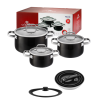 GERLACH PRIME Komplet Garnki z pokrywkami 6 el / stal nierdzewna / czarne lakierowane + Patelnie Smart Steel 20, 24, 28 cm + pokrywka silikonowa 24/26/28 cm
