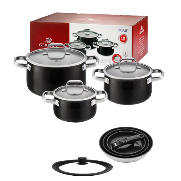 GERLACH PRIME Komplet Garnki z pokrywkami 6 el / stal nierdzewna / czarne lakierowane + Patelnie Smart Steel 20, 24, 28 cm + pokrywka silikonowa 24/26/28 cm