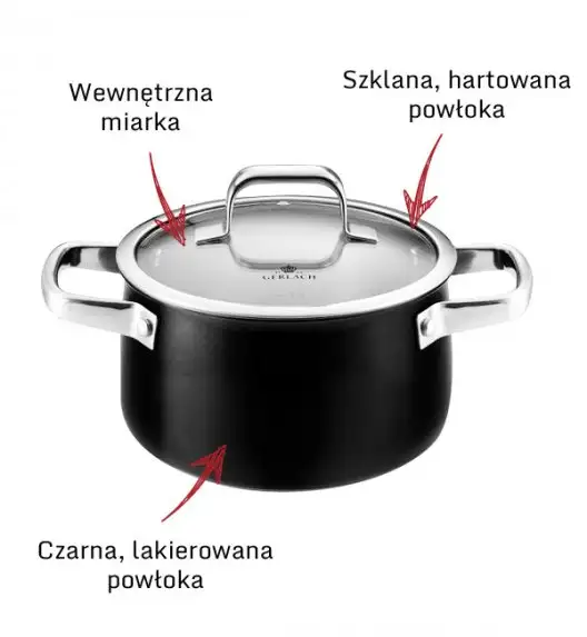 GERLACH PRIME Komplet Garnki z pokrywkami 6 el / stal nierdzewna / czarne lakierowane + Patelnie Smart Steel 20, 24, 28 cm + pokrywka silikonowa 24/26/28 cm