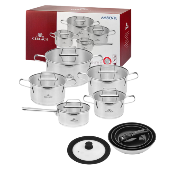 GERLACH AMBIENTE Komplet Garnki z pokrywkami 10 el + Patelnie Smart Steel 20, 24, 28 cm + pokrywka silikonowa 24/26/28 cm 