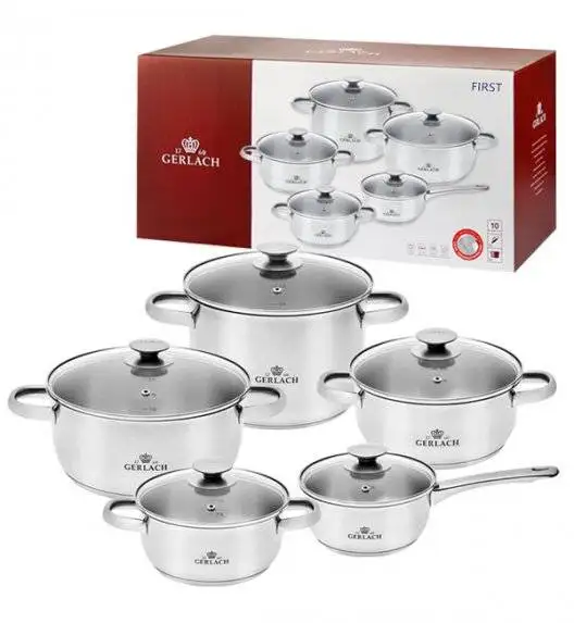 GERLACH FIRST Komplet Garnki z pokrywkami 10 el / stal nierdzewna / indukcja+ Szybkowar Gerlach First 6 l 