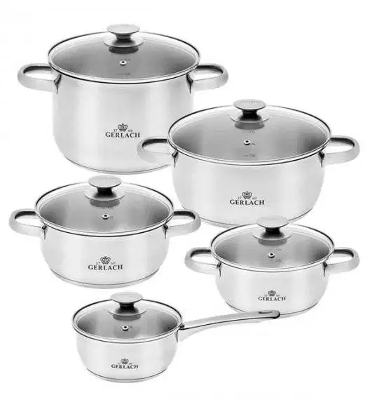 GERLACH FIRST Komplet Garnki z pokrywkami 10 el / stal nierdzewna / indukcja+ Szybkowar Gerlach First 6 l 