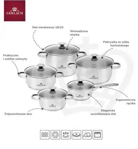 GERLACH FIRST Komplet Garnki z pokrywkami 10 el / stal nierdzewna / indukcja+ Szybkowar Gerlach First 6 l 