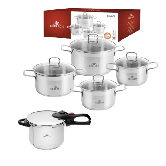 GERLACH BRAVA Komplet Garnki z pokrywkami 8 el / stal nierdzewna + Szybkowar Gerlach First 6 l 