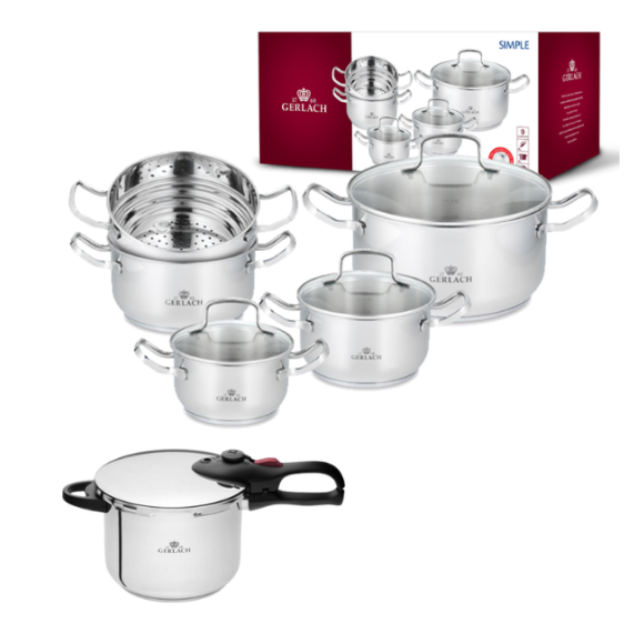 GERLACH SIMPLE Komplet Garnki z pokrywkami 9 el + szybkowar First 6 l 22 cm 