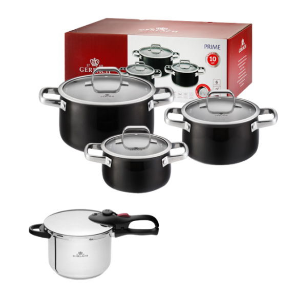 GERLACH PRIME Komplet Garnki z pokrywkami 6 el / stal nierdzewna / czarne lakierowane + szybkowar First 6 l 
