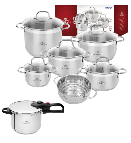 GERLACH Sendo Komplet garnki z pokrywkami 11 el + Szybkowar 6 l z pokrywką 22 cm