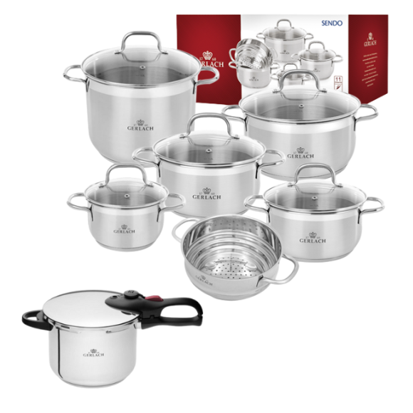 GERLACH Sendo Komplet garnki z pokrywkami 11 el + Szybkowar 6 l z pokrywką 22 cm