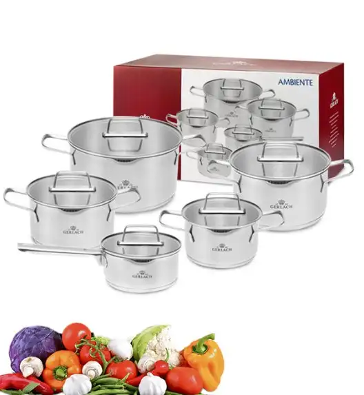 GERLACH AMBIENTE Komplet Garnki z pokrywkami 10 el / stal nierdzewna / indukcja + szybkowar First 6 l z pokrywką 22 cm