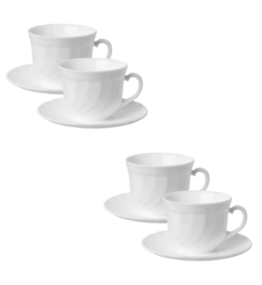 LUMINARC TRIANON Komplet 4 filiżanek 280 ml ze spodkami 16 cm | biały | szkło hartowane 