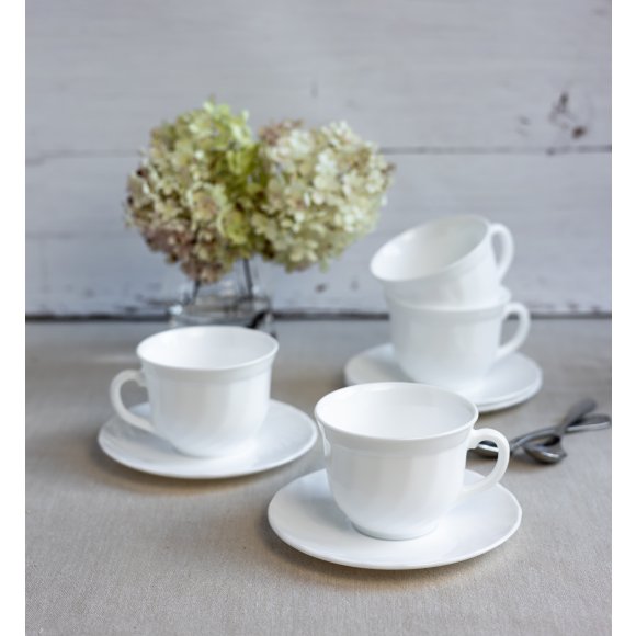 LUMINARC TRIANON Komplet 4 filiżanek 280 ml ze spodkami 16 cm | biały | szkło hartowane 
