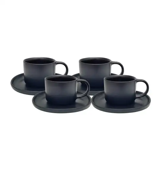 MG HOME | ZESTAW FILIŻANEK ZE SPODKIEM Z KAMIONKI ARTENA BLACK 4x220 ml