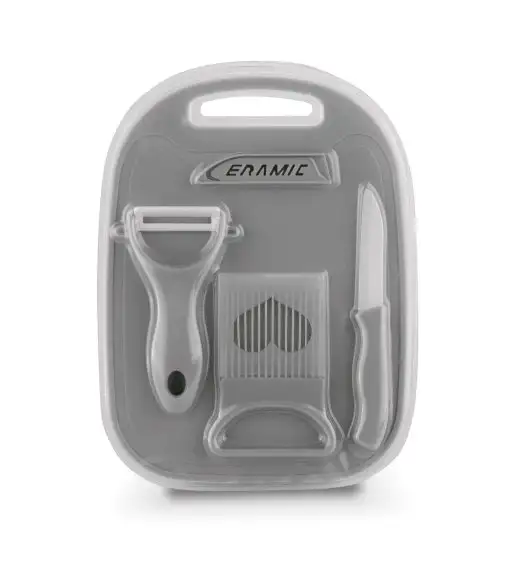 TADAR ZESTAW: DESKA DO KROJENIA 25X18,4CM + OBIERAK+ NOŻYK CERAM. 16CM + KRAJACZ DO CEBULI 8X11CM