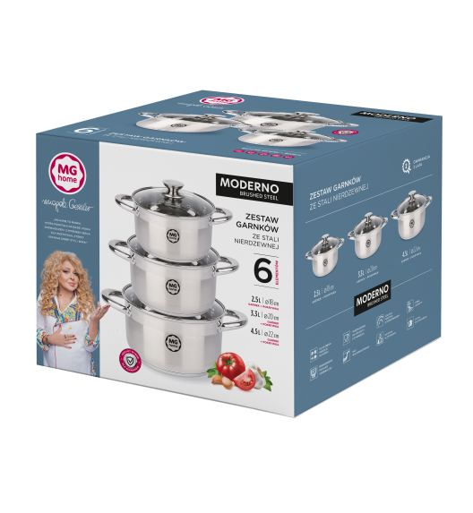 MG HOME | MODERNO KOMPLET GARNKÓW ZE STALI SZCZOTKOWANEJ 6 EL.