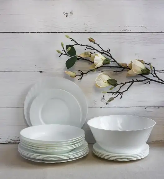 LUMINARC TRIANON WHITE OPK | Komplet obiadowy 38 el dla 12 os z salaterkami | szkło hartowane | 144