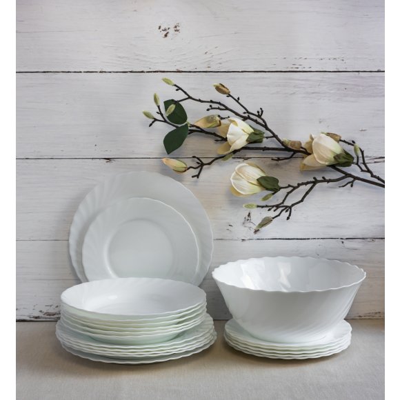 LUMINARC TRIANON WHITE OPK | Komplet obiadowy 57 el dla 18 os z salaterkami | szkło hartowane | 144