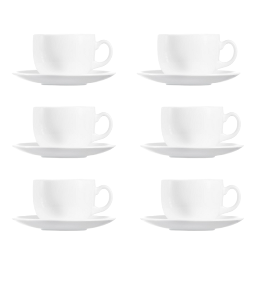 LUMINARC DIWALI WHITE Komplet 12 (2x6) filiżanek 220 ml ze spodkami 14 cm| biały | szkło hartowane 