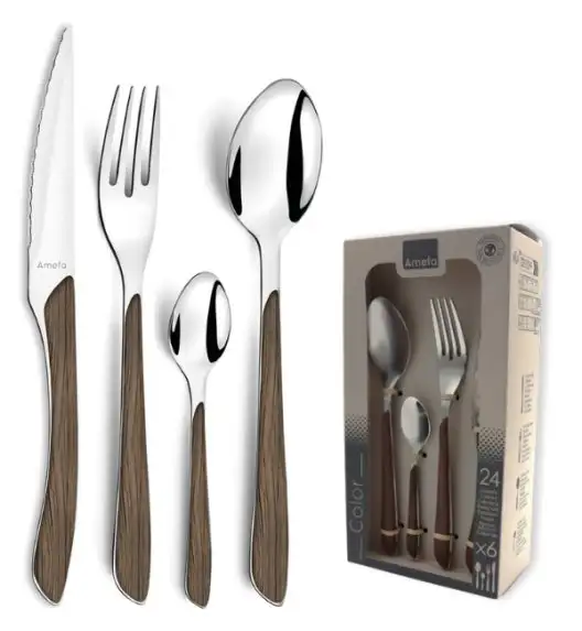 AMEFA ECLAT NATURE Sztućce UE 24 elementy dla 6 osób w pudełku / efekt ciemnego drewna