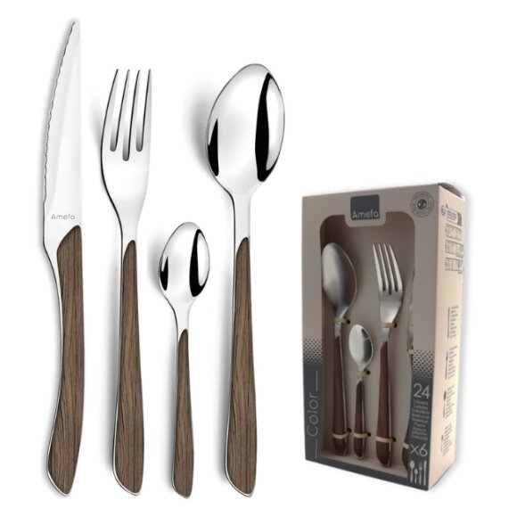 AMEFA ECLAT NATURE Sztućce UE 24 elementy dla 6 osób w pudełku / efekt ciemnego drewna
