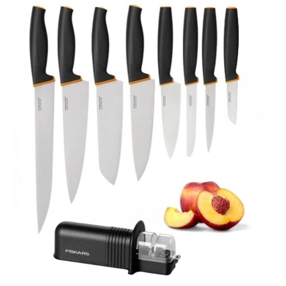 FISKARS CONTROL+ Komplet 8 noży + ostrzałka ceramiczna Roll-Sharp / japońska stal nierdzewna