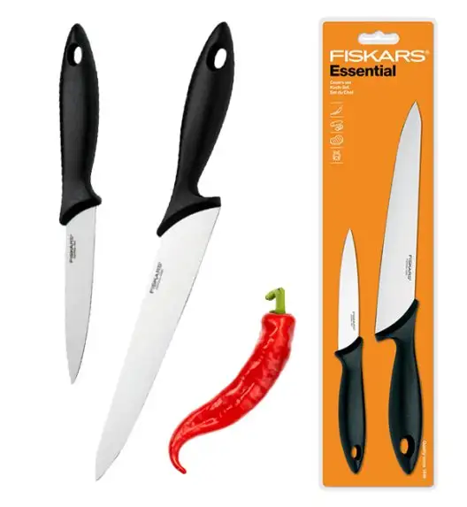FISKARS ESSENTIAL Zestaw 2 noży Szefa kuchni w BLISTRZE / stal nierdzewna + tworzywo sztuczne
