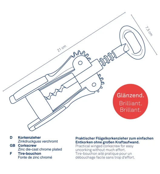 KELA | Apri | korkociąg skrzydłowy, 21 cm, odlew cynku