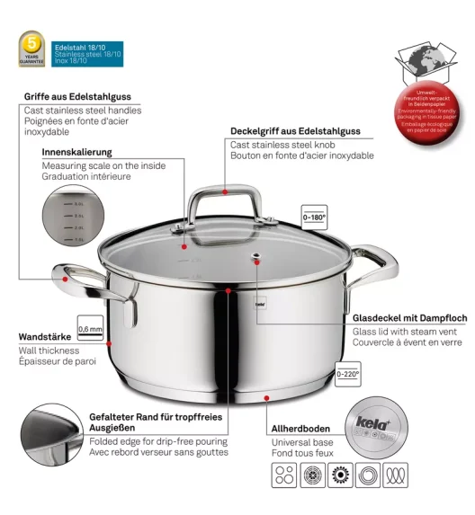 KELA | Flavoria | garnek niski z pokrywką, stal nierdzewna/szkło, 2,4 l, śred. 20 x 10 cm