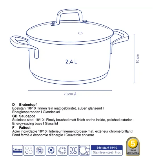 KELA | Flavoria | garnek niski z pokrywką, stal nierdzewna/szkło, 2,4 l, śred. 20 x 10 cm