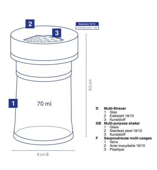 KELA | Miko | dozownik do przypraw, szkło/stal nierdzewna, 0,07 l, śred. 6 x 9,5 cm