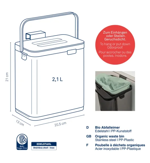 KELA | Plata | kosz na odpady organiczne, stal nierdzewna/tworzywo sztuczne, 2,1 l, 20,5 x 13 x 21 cm