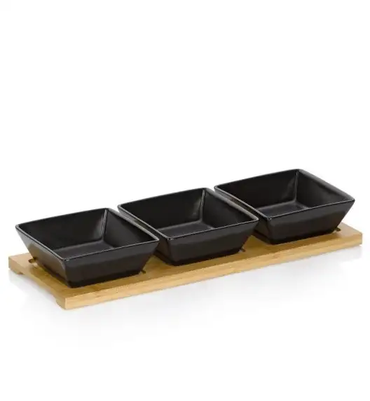 KELA | Philipa | zestaw 3 kwadratowych porcelanowych miseczek na bambusowej podkładce, 33,5x12x5 cm, czarne