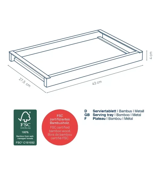 KELA | Kiril | taca do serwowania, bambus/metal, 43 x 27 x 4 cm
