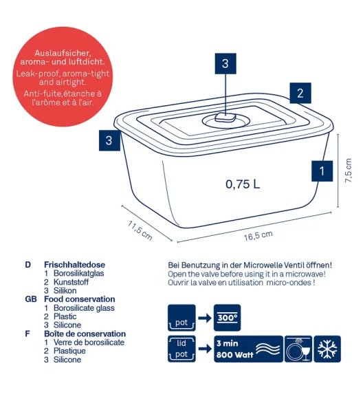 KELA | Aurelia | pojemnik na żywność, szkło borokrzemowe/tworzywo sztuczne, 0,75 l, 16,5 x 11,5 x 7,5 cm