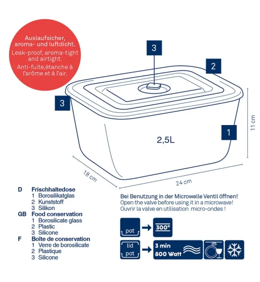 KELA | Aurelia | pojemnik na żywność, szkło borokrzemowe/tworzywo sztuczne, 2,5 l, 24 x 18 x 11 cm