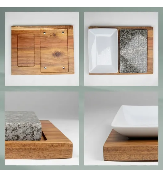 KELA | Country | zestaw do serwowania z kamieniem, granit/ceramika/drewno akacji, 29 x 23 x 4,5 cm