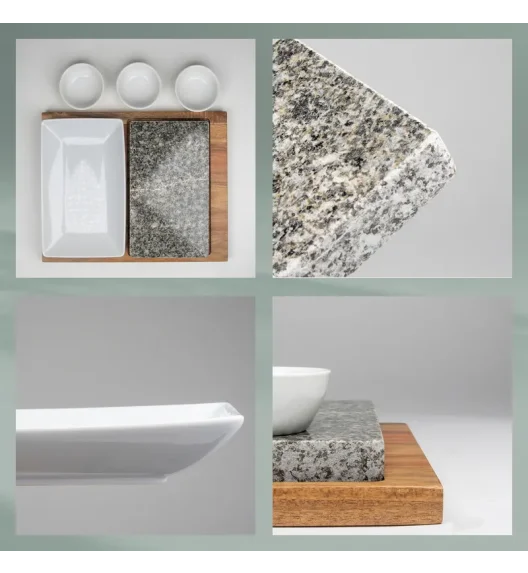 KELA | Country | zestaw do serwowania z kamieniem, granit/ceramika/drewno akacji, 29 x 23 x 4,5 cm