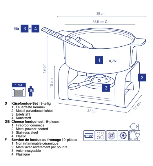 KELA | Roman | zestaw do fondue serowego dla 6 os., ceramika/metal, śred. 22,5 x 19 cm
