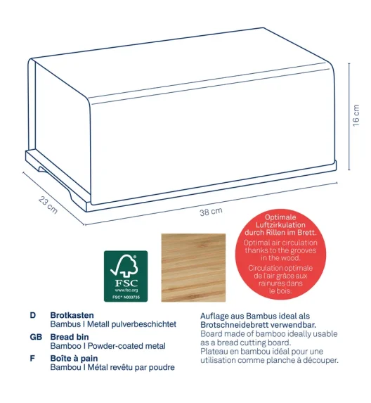 KELA | Kiril | chlebak, metal/bambus, 38 x 23 x 16 cm
