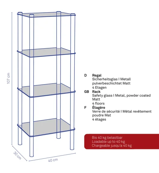 KELA | Lars | regał łazienkowy, szkło/metal, do 30 kg, 40 x 30 x 107 cm