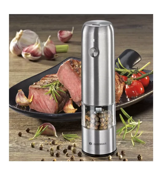 ZASSENHAUS | Köln | elektryczny młynek do pieprzu, ładowany przez USB, stal nierdzewna, śred. 4 x 14 cm
