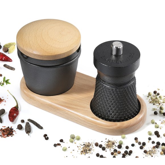 ZASSENHAUS | Worker | moździerz i młynek do przypraw na podstawce, drewno bukowe/żeliwo, 21 x 10 x 15,5 cm