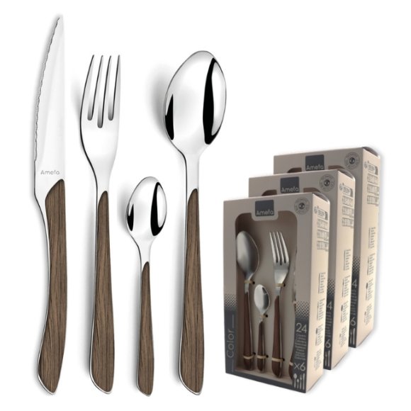 AMEFA ECLAT NATURE Sztućce UE 72 elementy dla 18 osób w pudełku / efekt ciemnego drewna