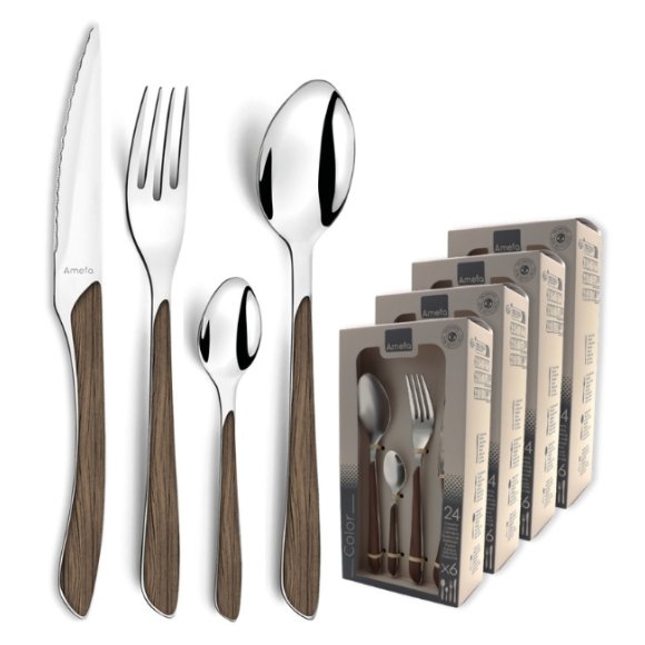 AMEFA ECLAT NATURE Sztućce UE 96 elementów dla 24 osób w pudełku / efekt ciemnego drewna