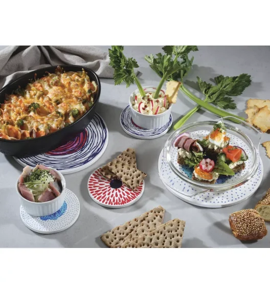 ZASSENHAUS | Scandic | podkładka pod szklankę, ceramika/korek, śred. 11 cm, czerwone krople