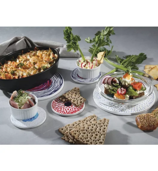 ZASSENHAUS | Scandic | podkładka pod szklankę, ceramika/korek, śred. 11 cm, czerwone krople